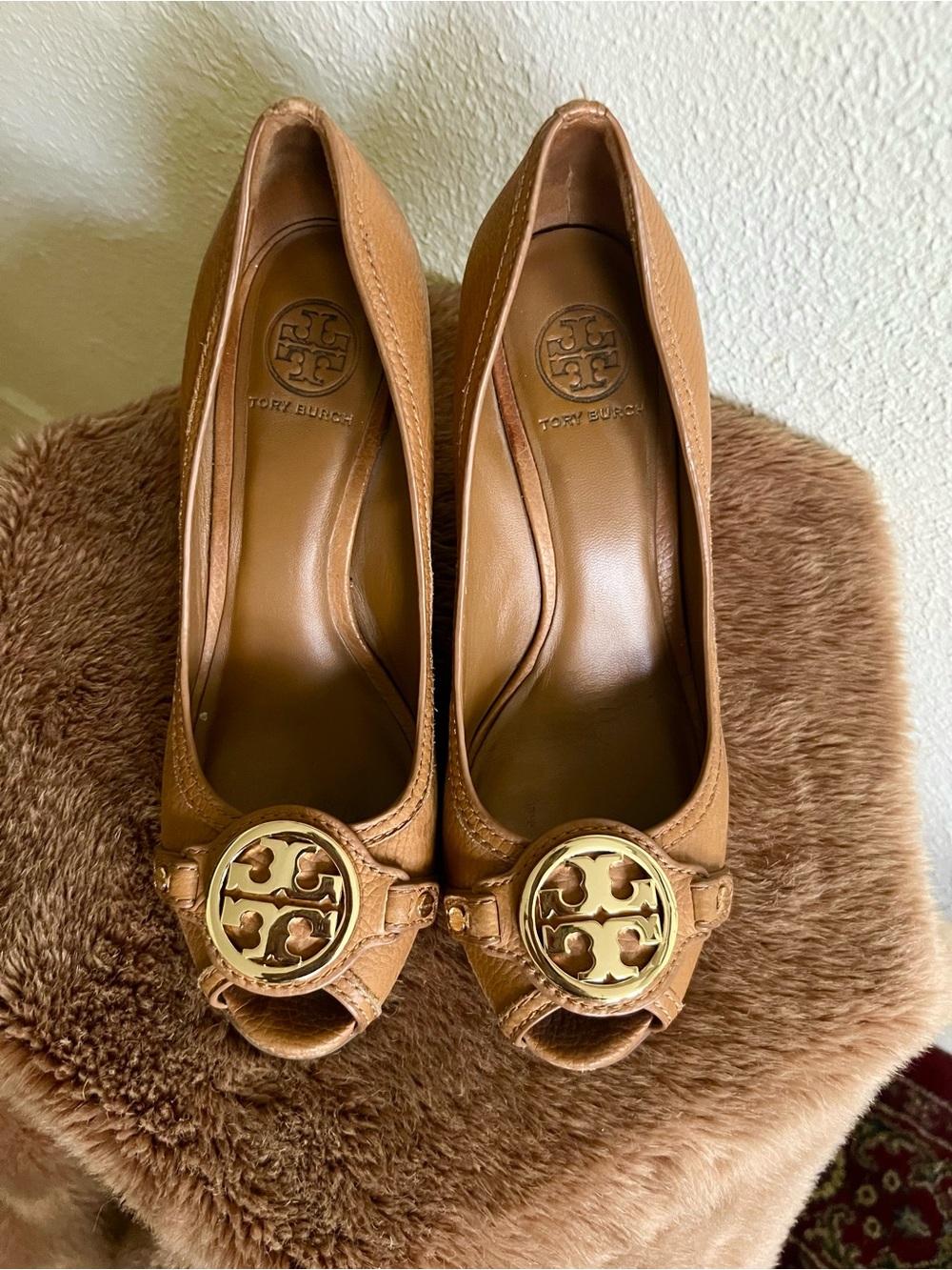 Tory Burch Cognac Leather Peep-Toe Heels with Gold Logo Medallions